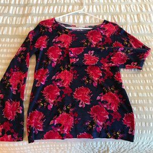 Garnet Hill thin floral wool pullover sweater navy blue and hot pink